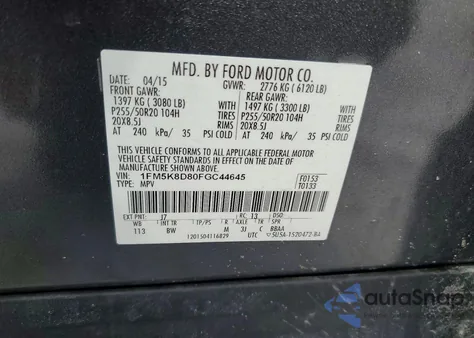 2015 Ford Explorer Xlt z USA, uszkodzony, nr VIN 1FM5K8D80FGC44645